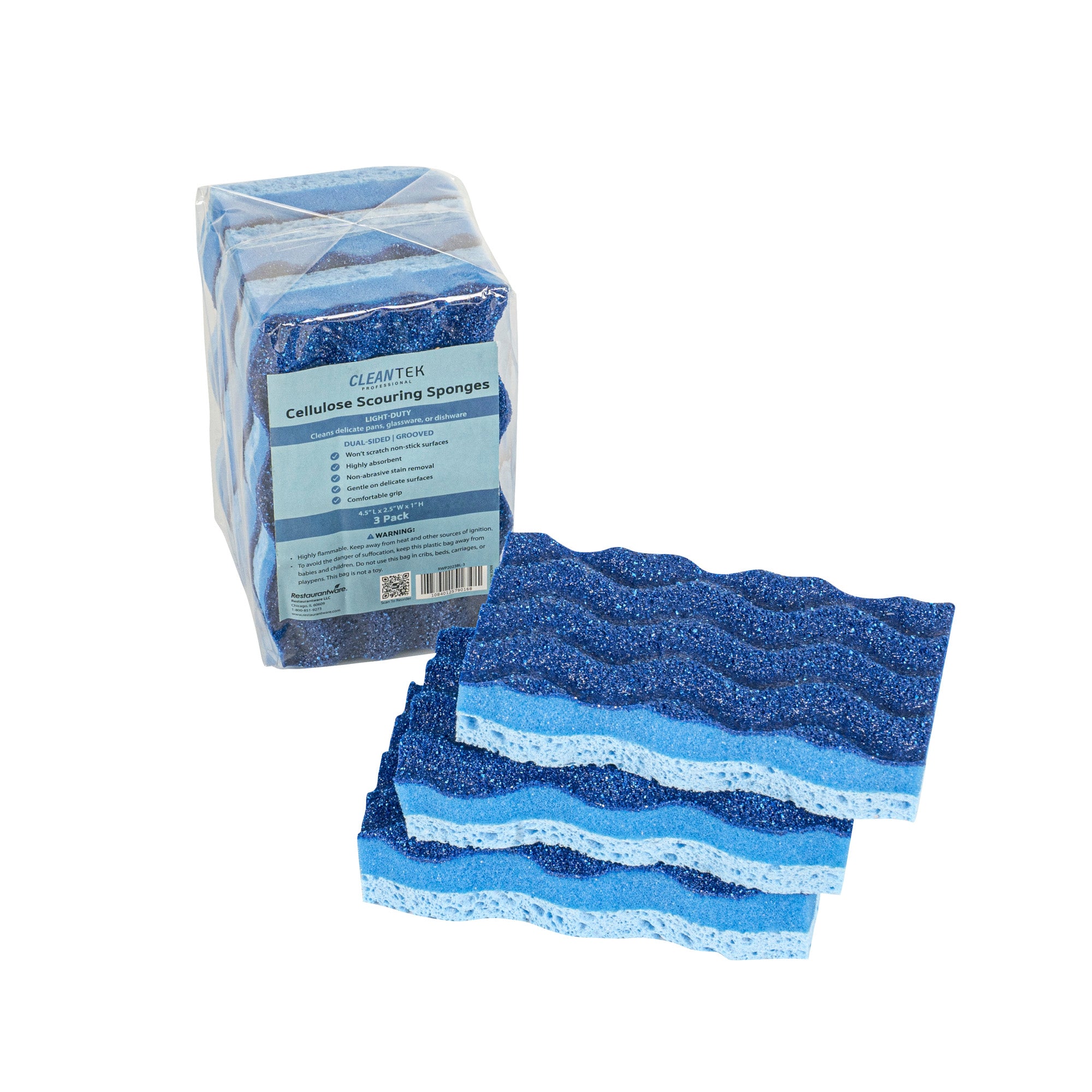 Clean Tek Professional Light-Duty Light and Dark Blue Cellulose Scouring Sponge - Grooved - 4 1/2" x 2 1/2" x 1" - 60 count box