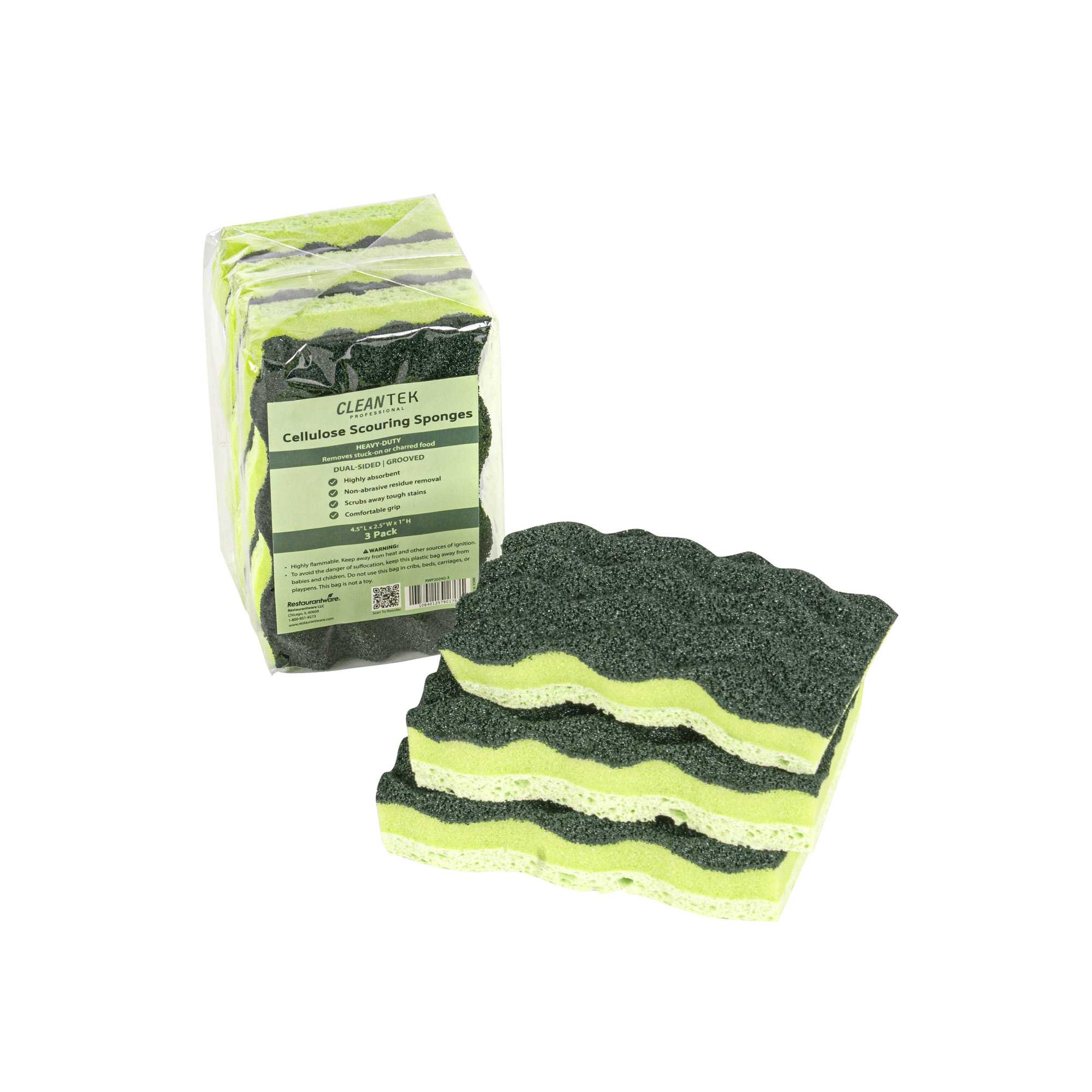 Clean Tek Professional Heavy-Duty Light and Dark Green Cellulose Scouring Sponge - Grooved - 4 1/2" x 2 1/2" x 1" - 3 count box