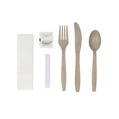 Sustain Wheat Straw Cutlery Set - with White Napkin, Salt / Pepper Packets, and Toothpick, Wrapped - 10 1/4