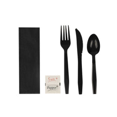 Chef 101 Black Plastic Cutlery Set - with Black Napkin and Salt / Pepper Packets, Heavy Weight, Wrapped - 9