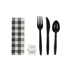 Chef 101 Black Plastic Cutlery Set - with Black Gingham Napkin and Salt / Pepper Packets, Heavy Weight, Wrapped - 9
