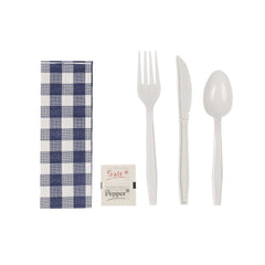 Chef 101 White Plastic Cutlery Set - with Blue Gingham Napkin and Salt / Pepper Packets, Heavy Weight, Wrapped - 9 1/4