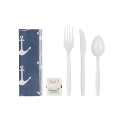 Chef 101 White Plastic Cutlery Set - Navy Blue Napkin with Anchor Print, Salt/Pepper Packets, Heavy Weight, Wrapped - 9 1/4