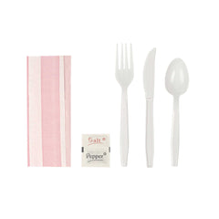 Chef 101 White Plastic Cutlery Set - with Pink and White Stripe Napkin, Salt/Pepper Packets, Heavy Weight, Wrapped - 9