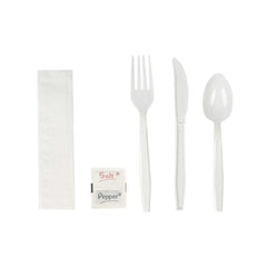 Chef 101 White Plastic Cutlery Set - with White Napkin and Salt / Pepper Packets, Heavy Weight, Wrapped - 9
