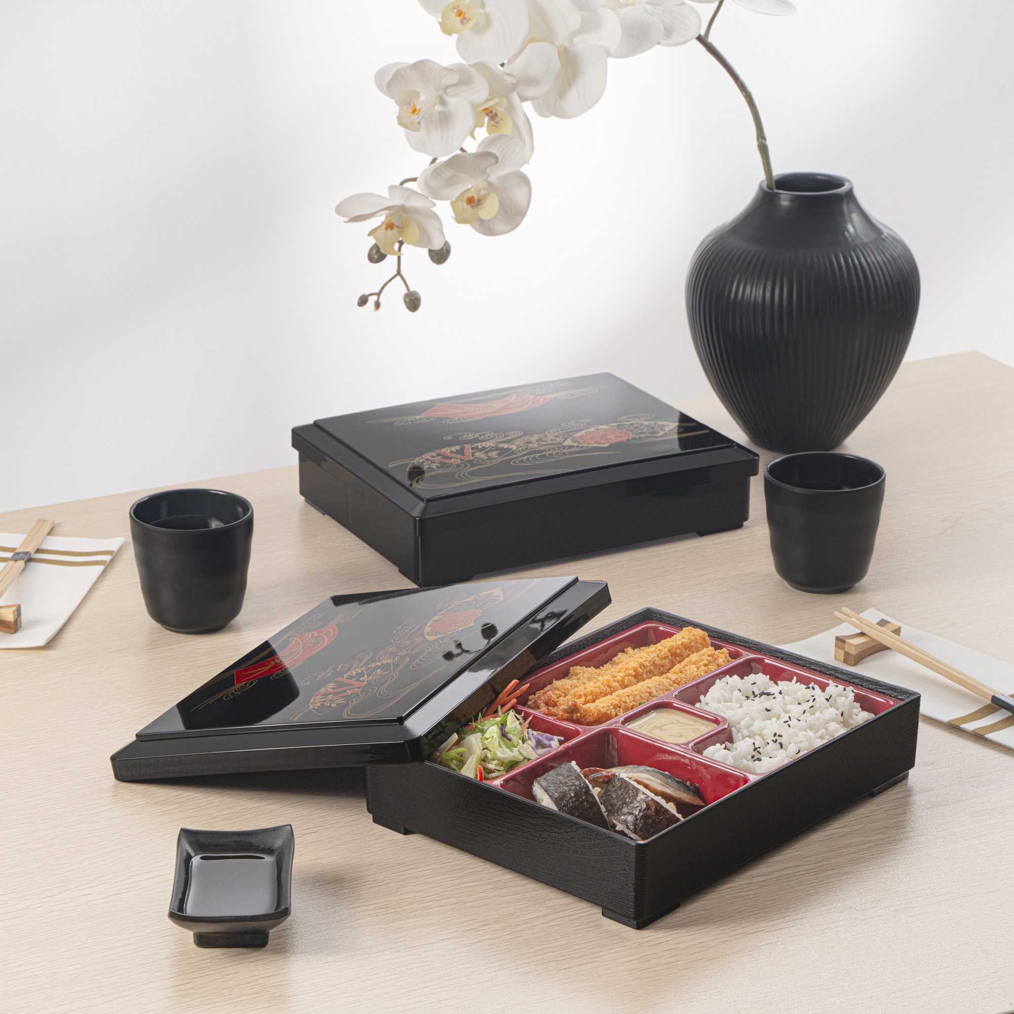 Bento Tek Rectangle Black Bento Box - 5-Compartments, with Removable Red Tray and Lid - 10 3/4" x 8 1/4" x 2 1/4" - 1 count box