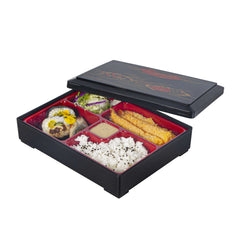 Bento Tek Rectangle Black Bento Box - 5-Compartments, with Removable Red Tray and Lid - 10 3/4