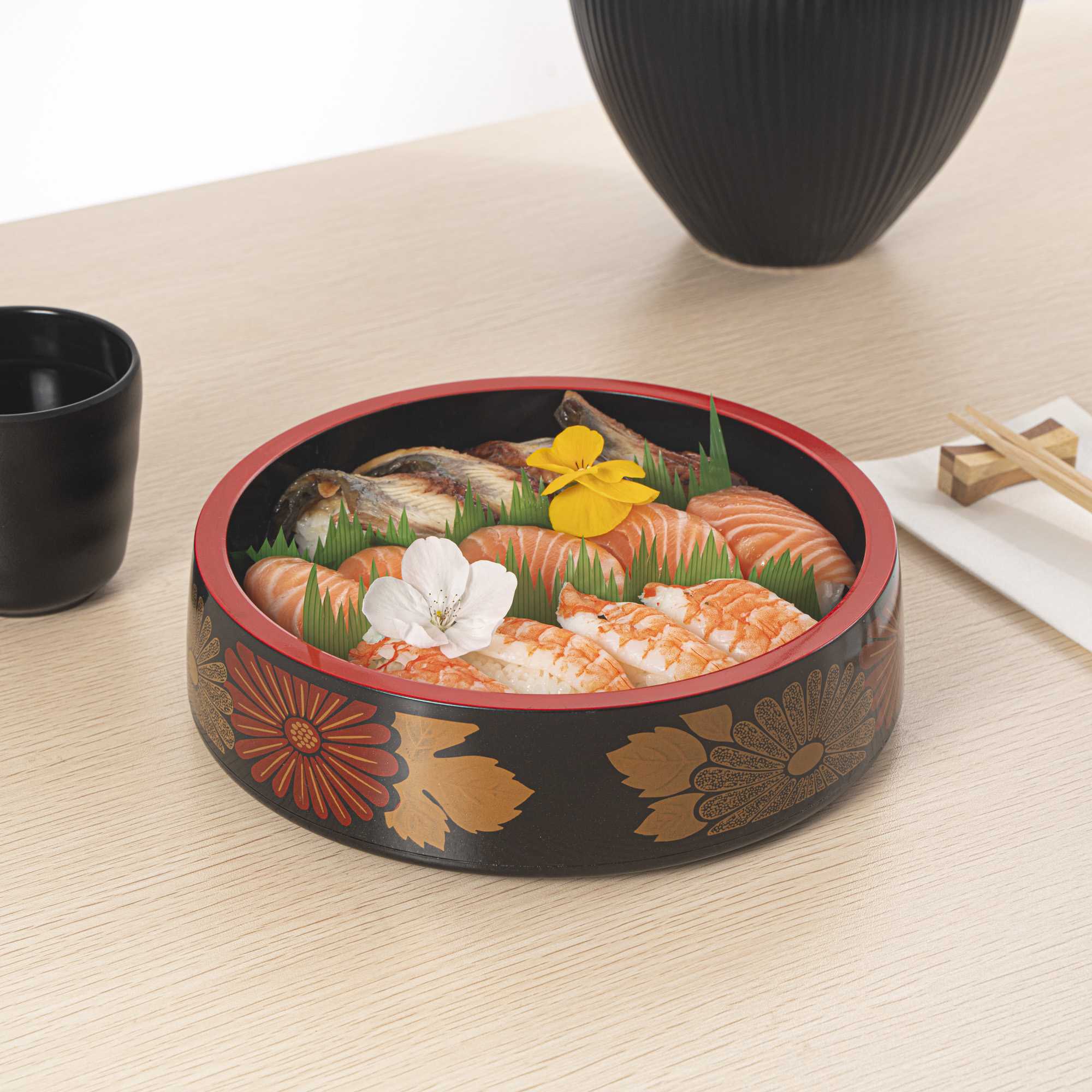 Bento Tek Round Black Floral Decal Sushi Tray - with Red Rim - 8 1/2" x 8 1/2" x 2 1/4" - 1 count box