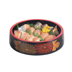 Bento Tek Round Black Floral Decal Sushi Tray - with Red Rim - 8 1/2