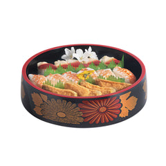 Bento Tek Round Black Floral Decal Sushi Tray - with Red Rim - 9 3/4