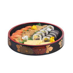 Bento Tek Round Black Floral Decal Sushi Tray - with Red Rim - 11 3/4