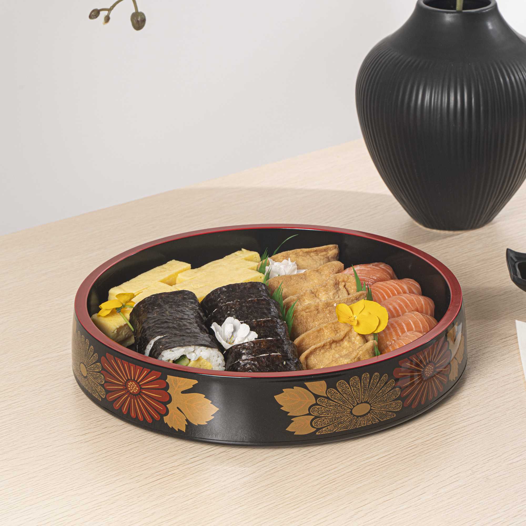 Bento Tek Round Black Floral Decal Sushi Tray - with Red Rim - 11 3/4" x 11 3/4" x 2 1/4" - 1 count box