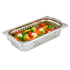 Met Lux Rectangle Stainless Steel 1/3 Size Steam Table Pan 2.5 Inch Deep - Perforated, Anti Jam, Collapsible Handles - 18 count box