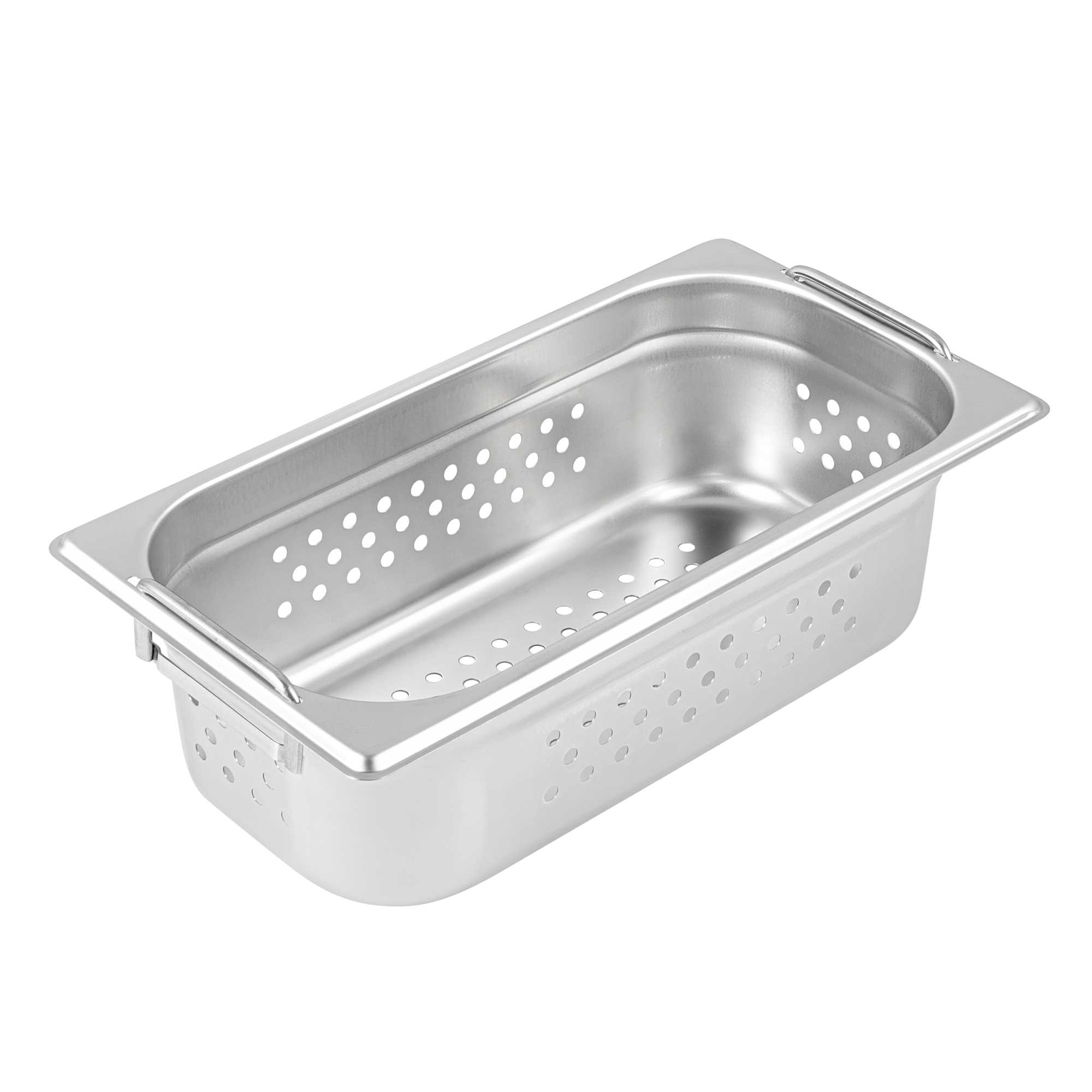 Met Lux Rectangle Stainless Steel 1/3 Size Steam Table Pan 4 Inch Deep - Perforated, Anti Jam, Collapsible Handles - 1 count box