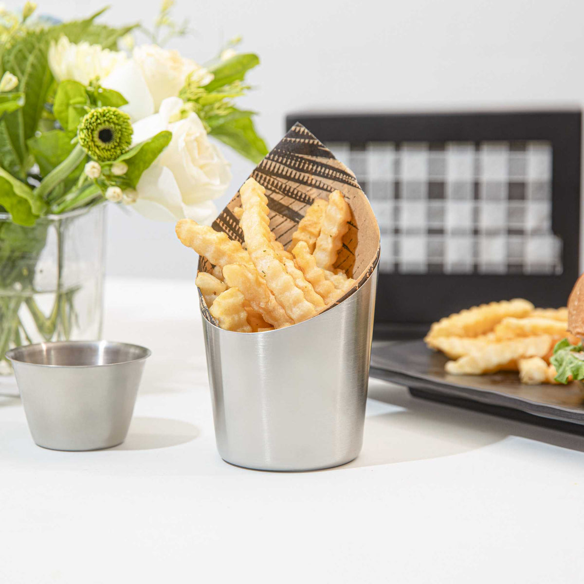 Met Lux Stainless Steel French Fry Cup - Tapered, Satin Finish - 3 1/2" x 4 1/2" - 1 count box