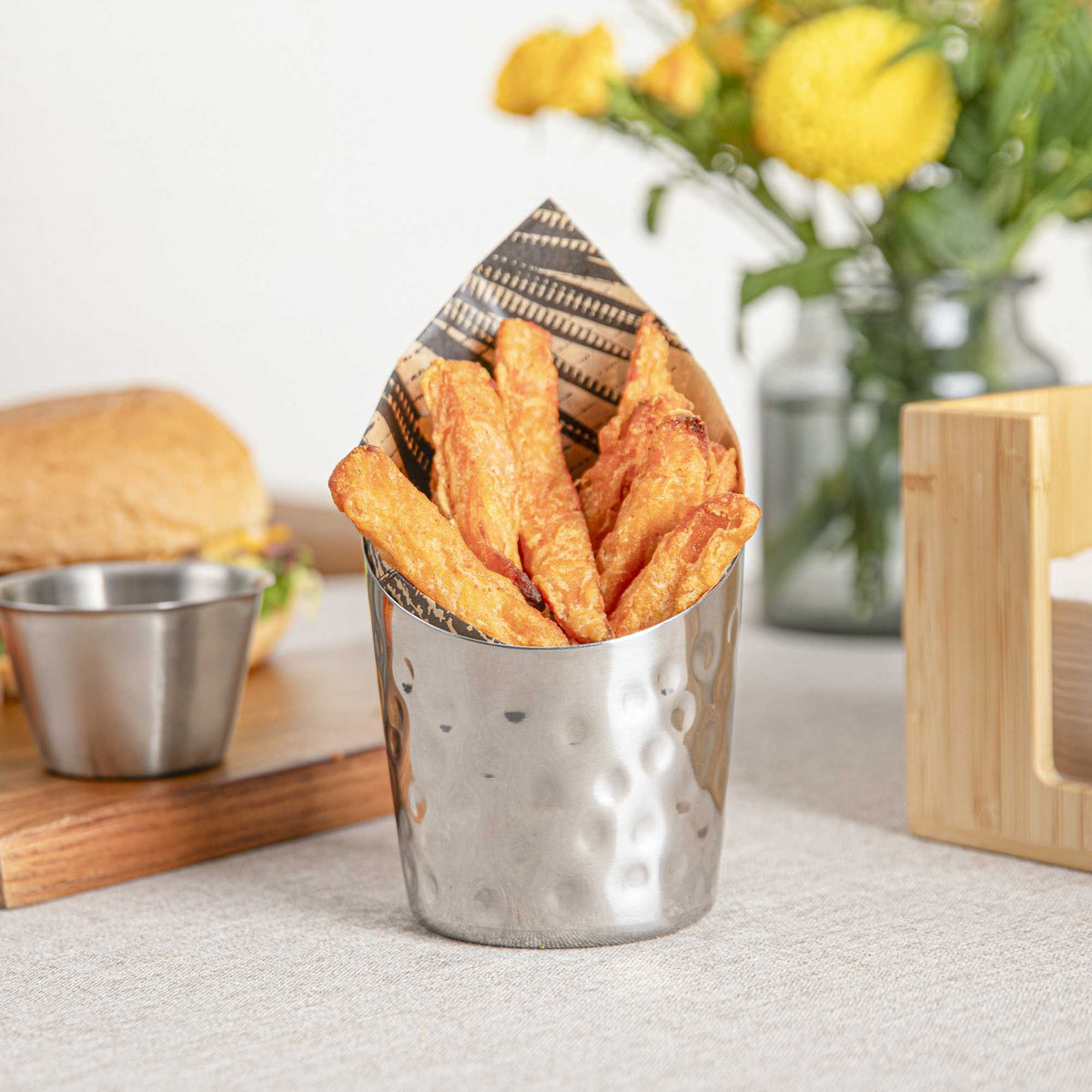 Met Lux Stainless Steel French Fry Cup - Hammered, Mirrored Finish - 3 1/2" x 3 1/2" - 1 count box