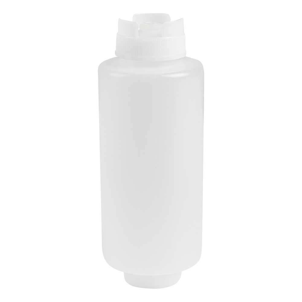 First In First Out 32 oz Clear Plastic Squeeze Bottle - Inverted, Refill & Dispensing Lid - 3 1/2" x 3 1/2" x 9" - 50 count box