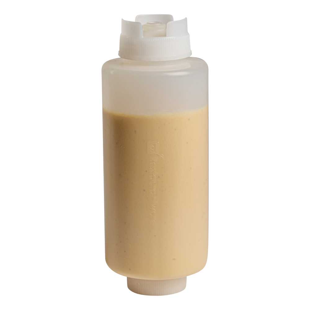 First In First Out 32 oz Clear Plastic Squeeze Bottle - Inverted, Refill & Dispensing Lid - 3 1/2" x 3 1/2" x 9" - 50 count box
