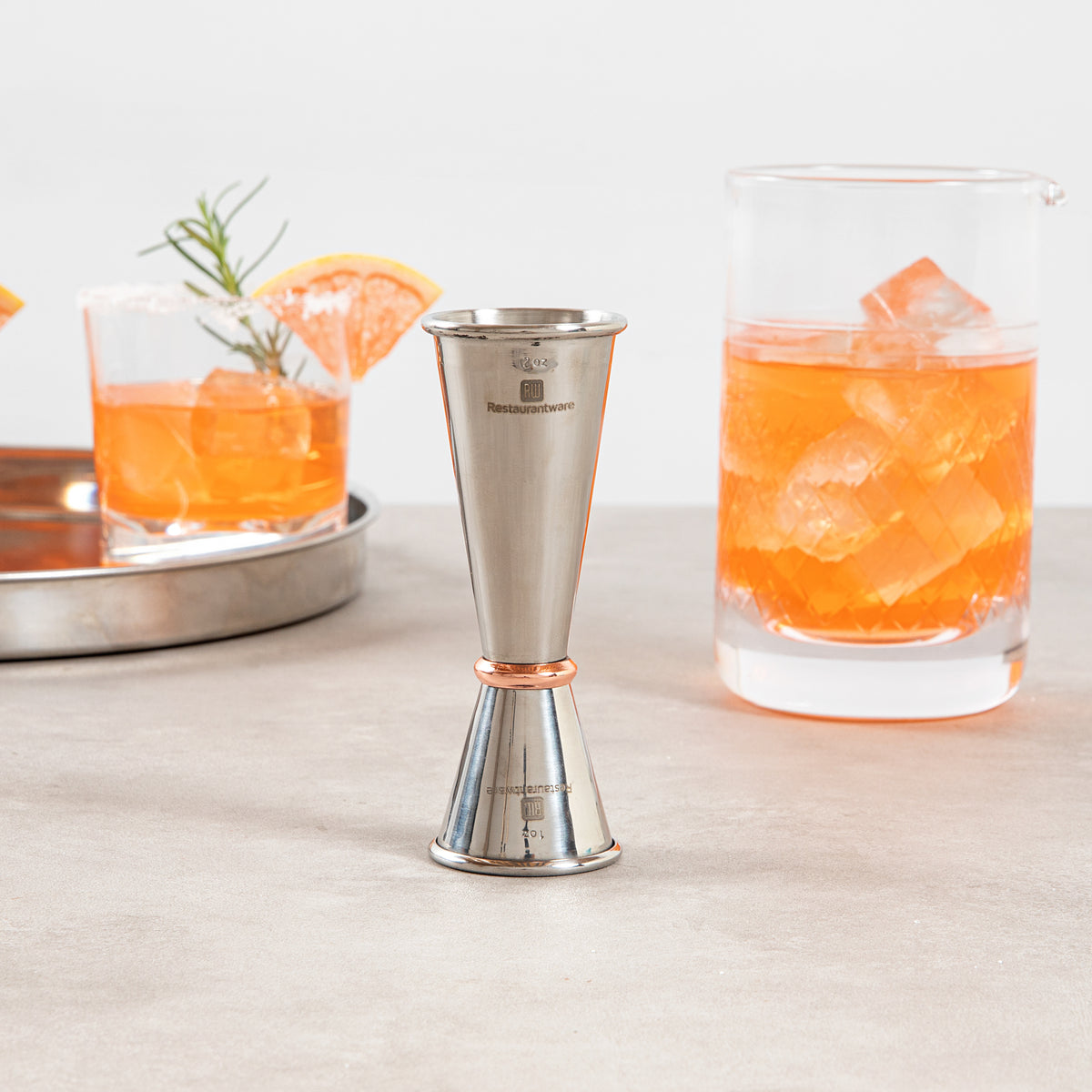 Bar Lux 1 oz / 2 oz Stainless Steel Jigger - Japanese Style, Mirrored Finish, Copper-Plated Ring - 1 count box