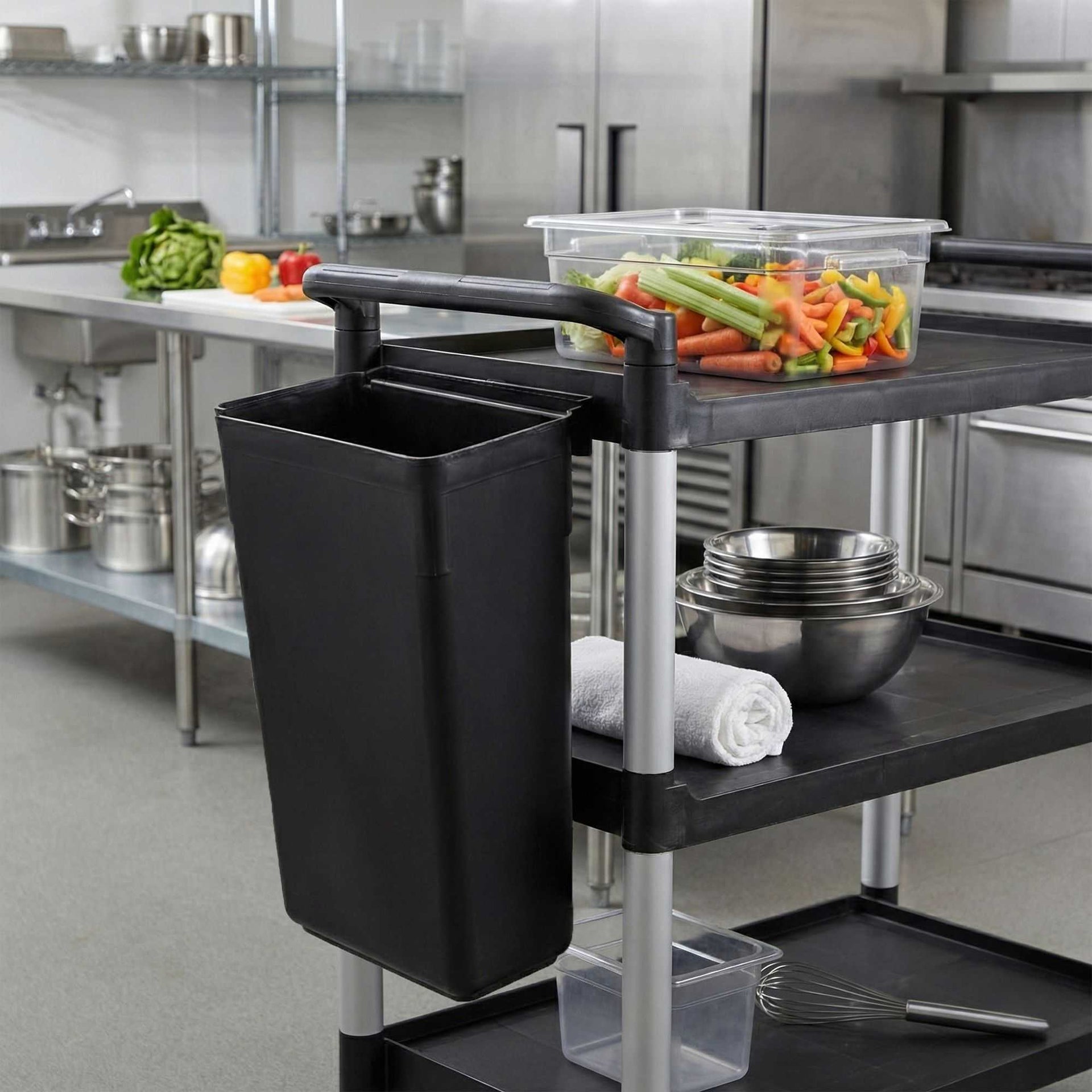 RW Clean Black Plastic Attachable Slim Trash Can - Fits Heavy-Duty Rolling Utility Cart - 13" x 9" x 22" - 1 count box
