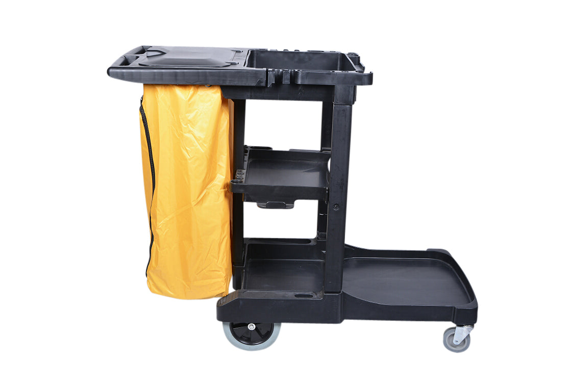 RW Clean Black Plastic Heavy-Duty Janitor Cart - 3 Shelves, 20 gal ...