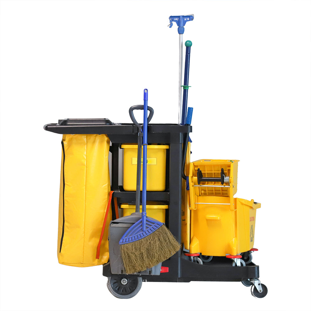 RW Clean Black Plastic Heavy-Duty Janitor Cart - 3 Shelves, 20 gal ...