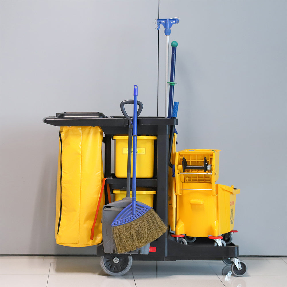 RW Clean Black Plastic Heavy-Duty Janitor Cart - 3 Shelves, 20 gal Nylon Bag, Hinged Lid - 44 1/4" x 20" x 37 3/4" - 1 count box