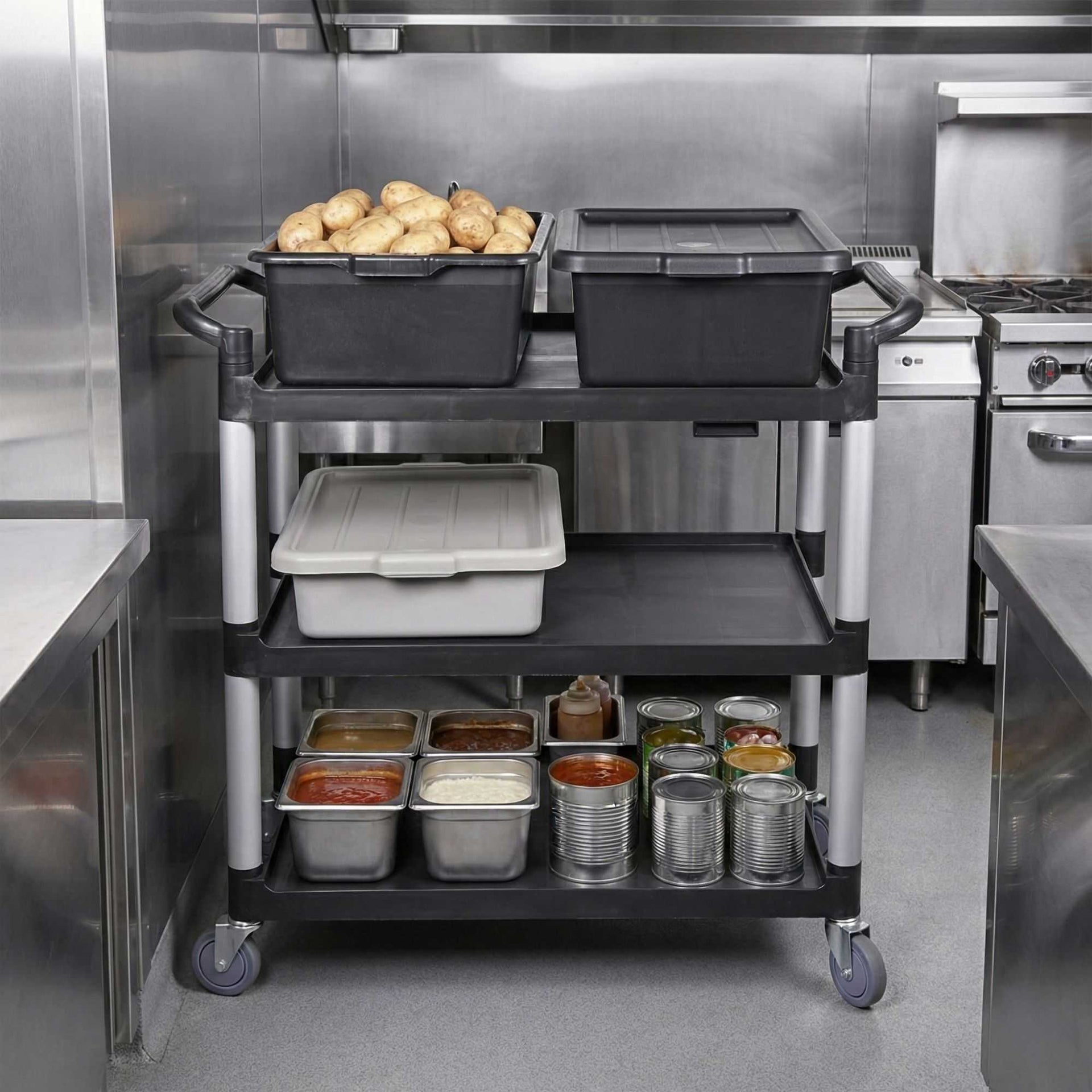 RW Clean Black Plastic Large Heavy-Duty Rolling Utility Cart - 3 Shelves - 40 1/4" x 19 3/4" x 37 3/4" - 1 count box