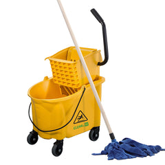 RW Clean 38 qt Yellow Plastic Mop Bucket - with Side Press Wringer - 22 1/2
