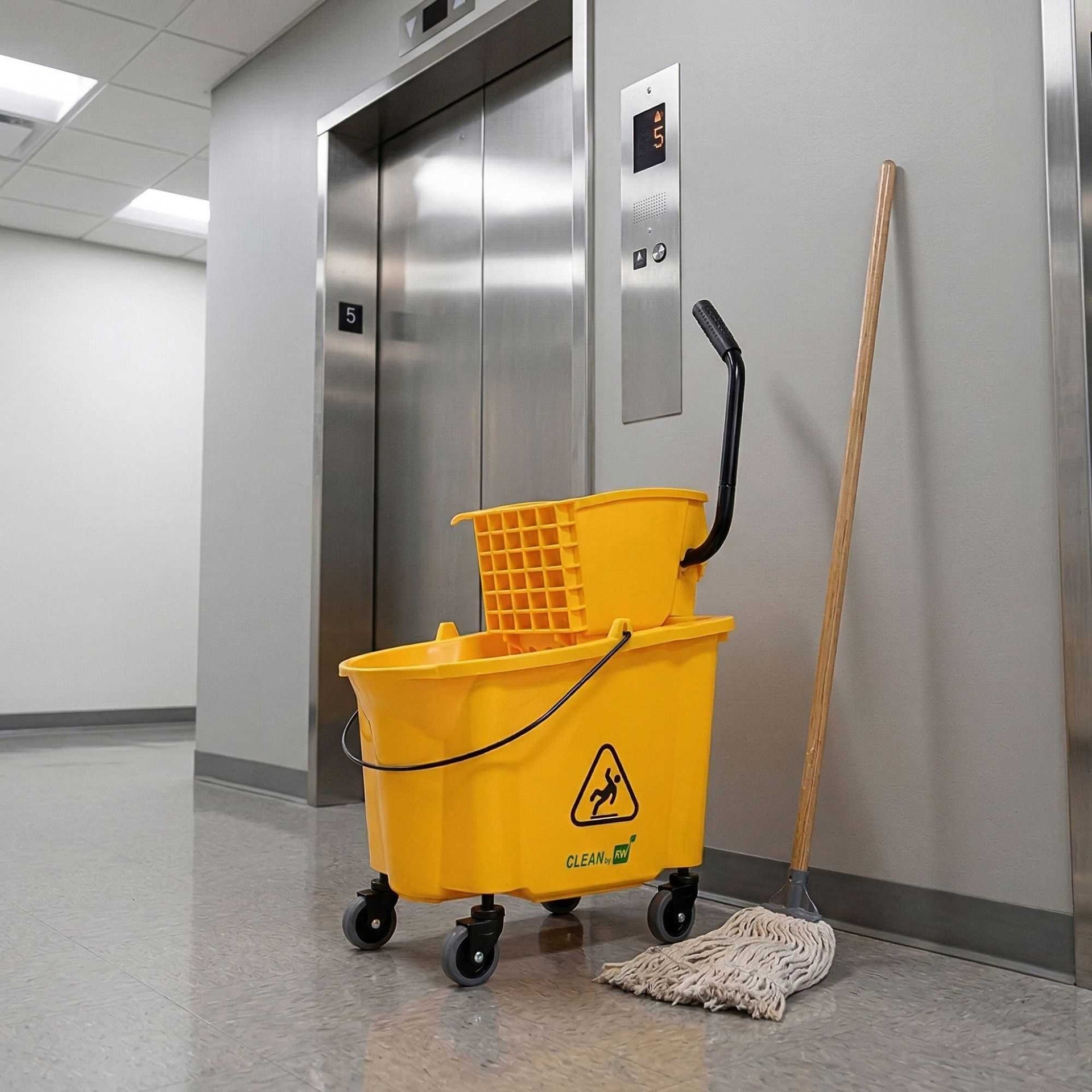 RW Clean 38 qt Yellow Plastic Mop Bucket - with Side Press Wringer - 22 1/2" x 16 1/4" x 36 1/2" - 1 count box