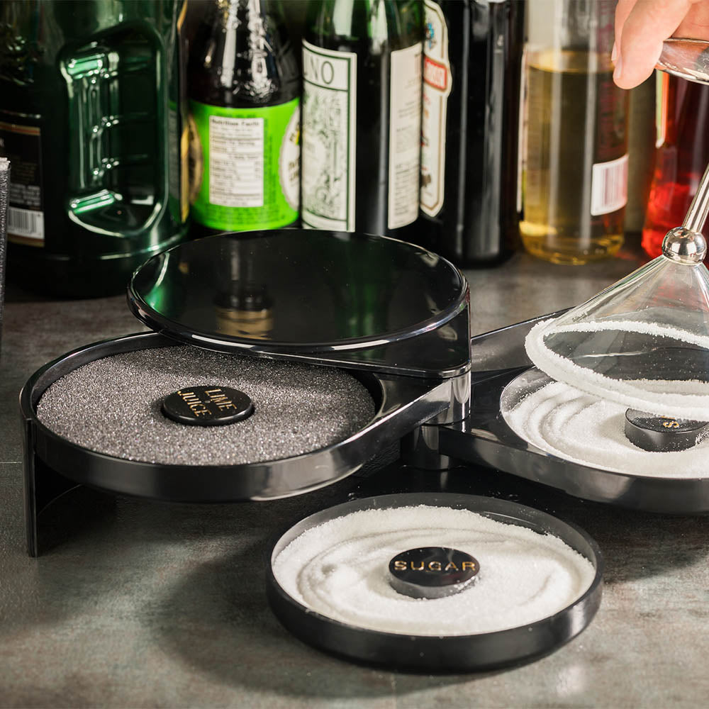 Bar Lux Black Plastic Cocktail Glass Rimmer - 3 Tiers, Salt and Sugar Compartments - 7 3/4" x 6 1/4" x 2 3/4" - 1 count box