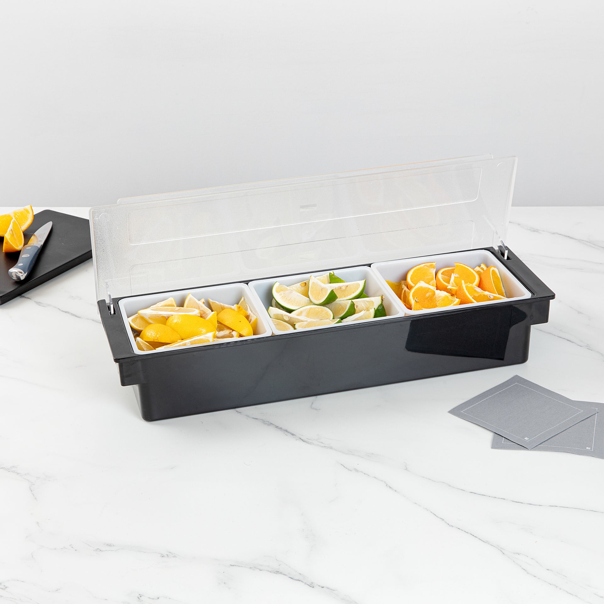 Bar Lux Black Plastic Condiment Caddy - 3 Compartments - 19 1/2" x 6 1/4" x 3 3/4" - 1 count box