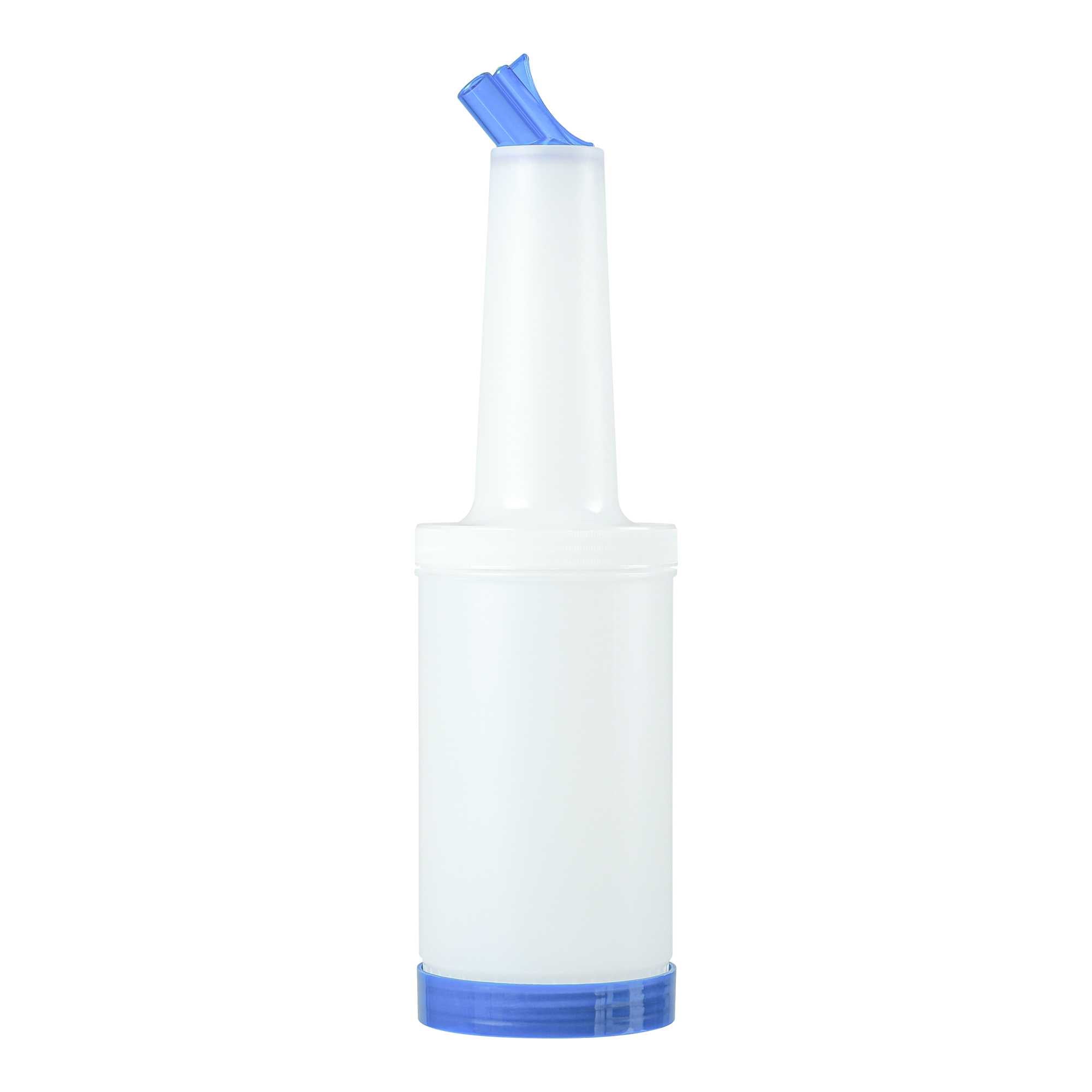 Bar Lux 1 qt Plastic Quick Pour Storage Container Bottle - with Blue Spout and Lid - 3 1/2" x 3 1/2" x 13" - 1 count box
