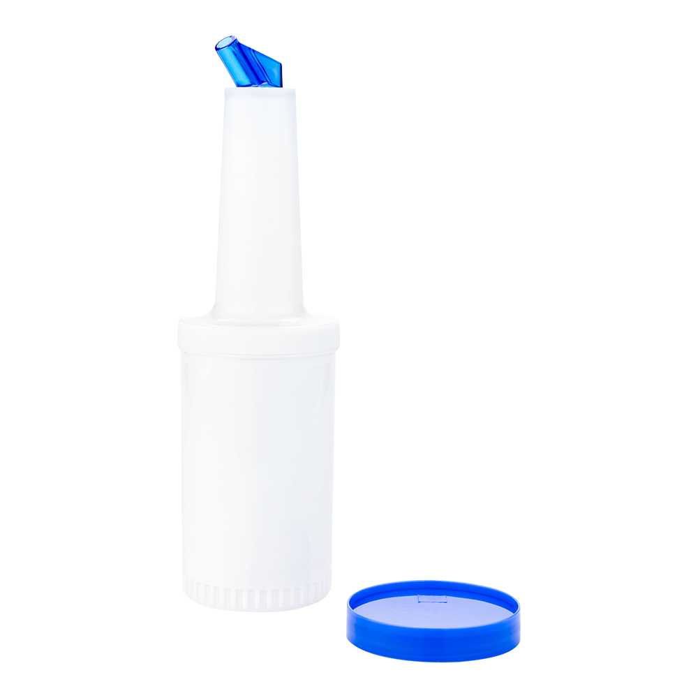 Bar Lux 1 qt Plastic Quick Pour Storage Container Bottle - with Blue Spout and Lid - 3 1/2" x 3 1/2" x 13" - 15 count box