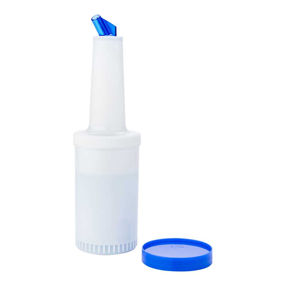 Bar Lux 1 qt Plastic Quick Pour Storage Container Bottle - with Blue Spout and Lid - 3 1/2" x 3 1/2" x 13" - 15 count box
