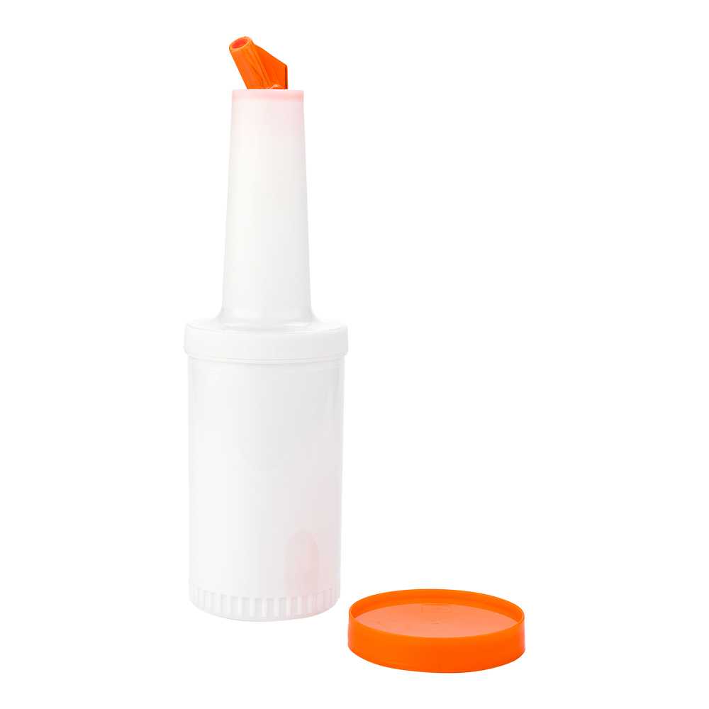 Bar Lux 1 qt Plastic Quick Pour Storage Container Bottle - with Orange Spout and Lid - 3 1/2" x 3 1/2" x 13" - 15 count box