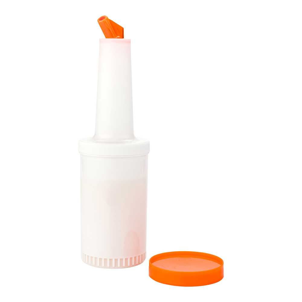 Bar Lux 1 qt Plastic Quick Pour Storage Container Bottle - with Orange Spout and Lid - 3 1/2" x 3 1/2" x 13" - 15 count box