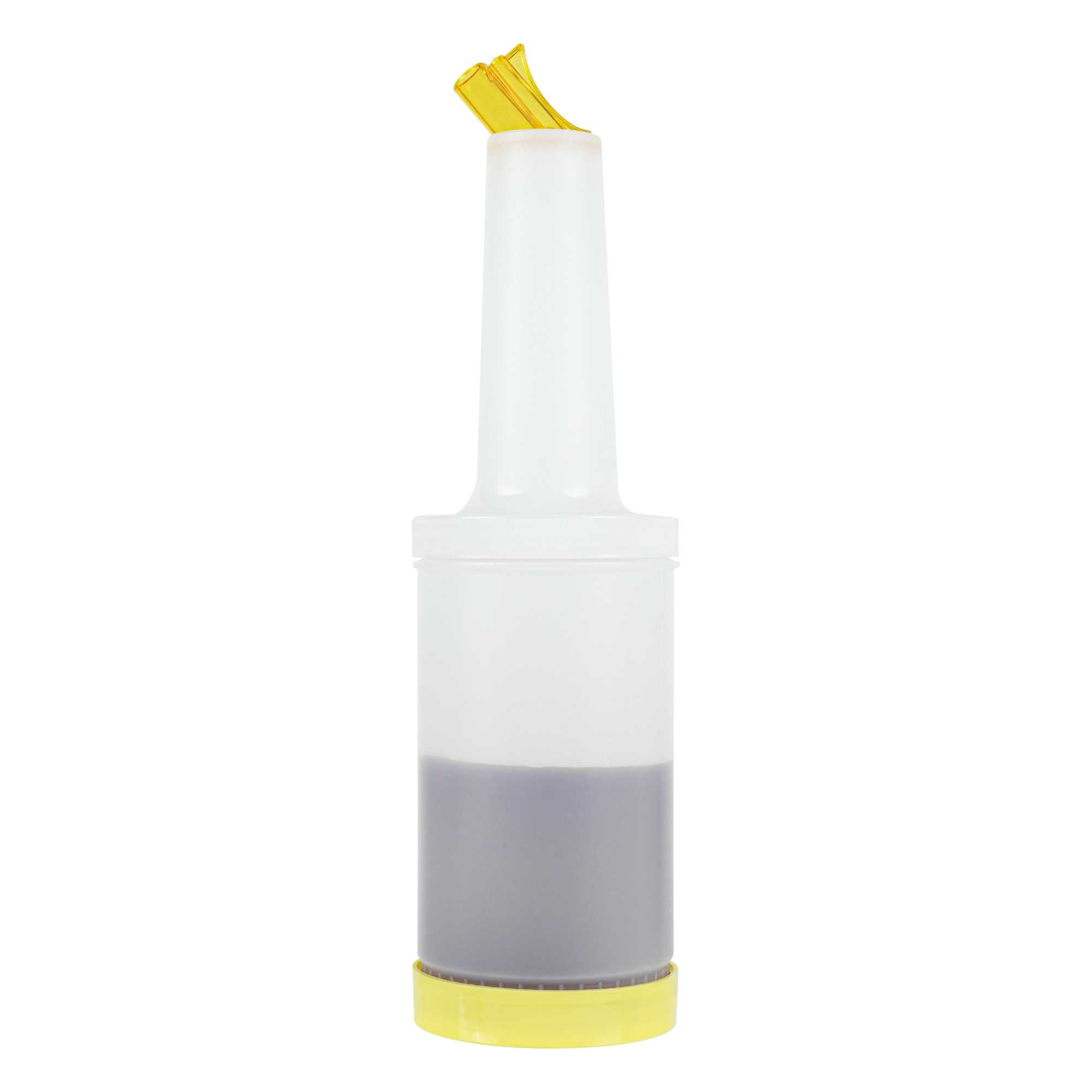 Bar Lux 1 qt Plastic Quick Pour Storage Container Bottle - with Yellow Spout and Lid - 3 1/2" x 3 1/2" x 13" - 1 count box