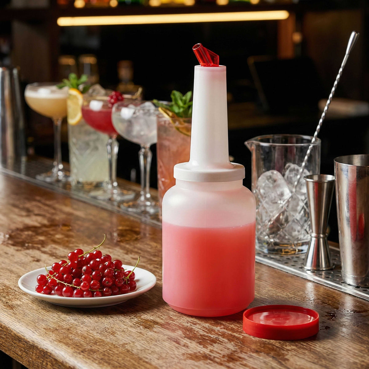 Bar Lux 2 qt Plastic Quick Pour Storage Container Bottle - with Red Spout and Lid - 4 3/4" x 4 3/4" x 13 3/4" - 1 count box