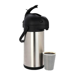 Met Lux 3L Silver Stainless Steel Airpot Coffee Dispenser - Pump Lever, 24 hr Heat Retention - 6