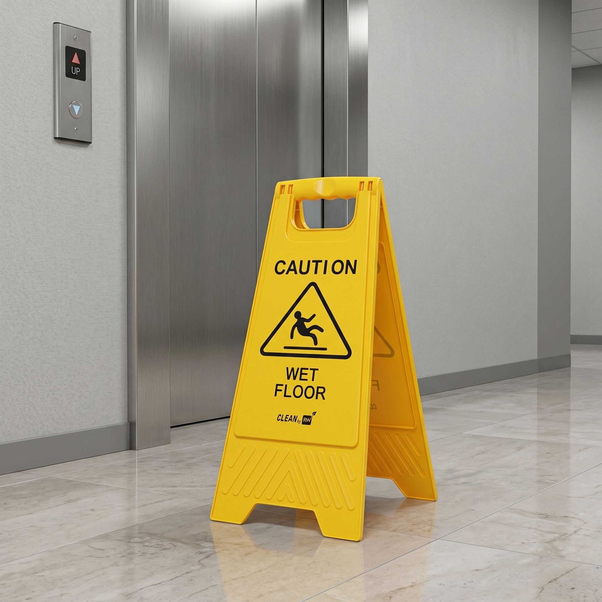 RW Clean Yellow Plastic Caution Wet Floor Sign - Double-Sided - 11 3/4" x 2" x 24 1/2" - 1 count box
