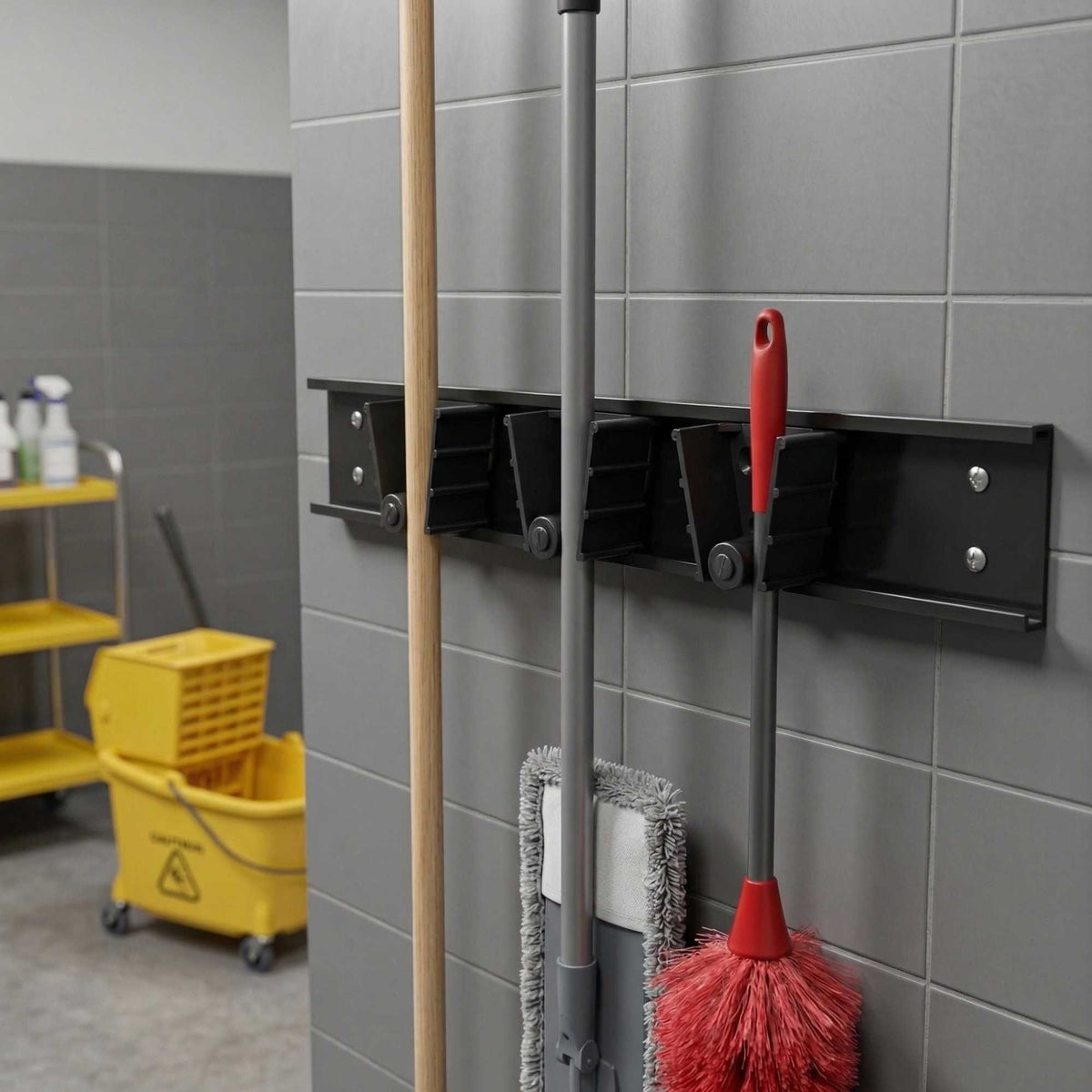 Clean Tek Professional Black Mop / Broom Holder - 3 Slots, Wall Mount - 17 3/4" - 1 count box