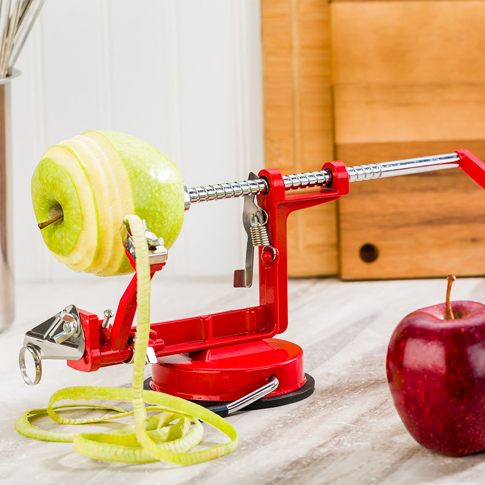 Met Lux Red Manual Apple Peeler / Slicer / Corer - Professional, Stainless Steel Blade - 11 3/4" x 4 1/4" x 5 1/4" - 1 count box