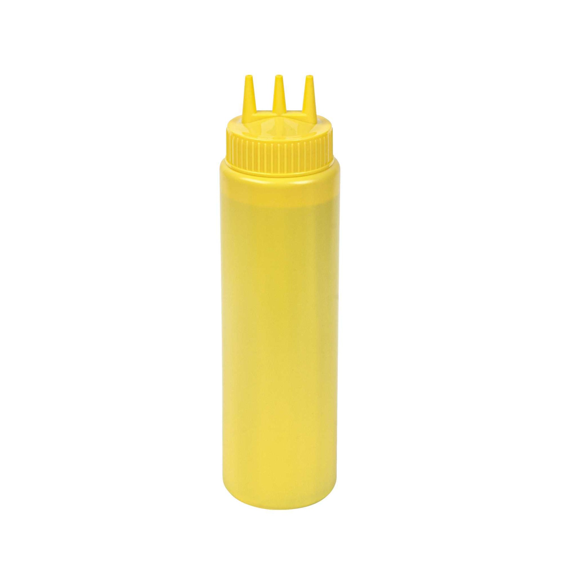 Sauce Tek 24 oz Yellow Plastic Mustard Squeeze Bottle - with Triple Dispersion Tip - 6 count box
