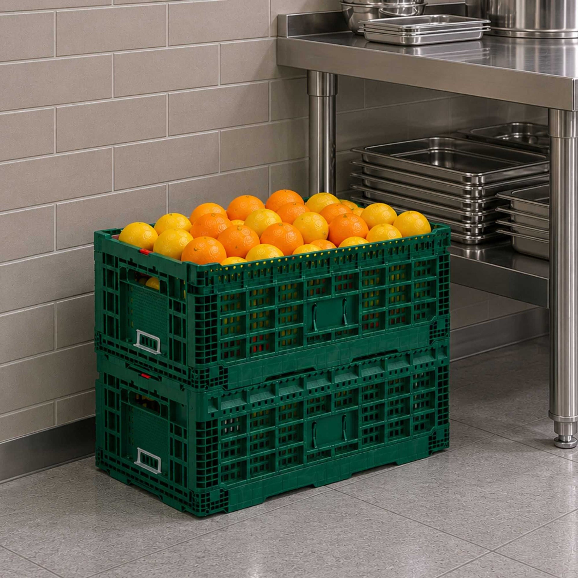 Cater Tek Rectangle Green Plastic 43L Collapsible Milk Crate - Stackable - 23 1/2" x 15 3/4" x 10 1/4" - 1 count box