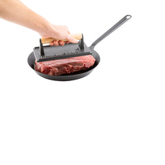 Met Lux Black Cast Iron Steak Weight - with Wooden Handle - 7 3/4