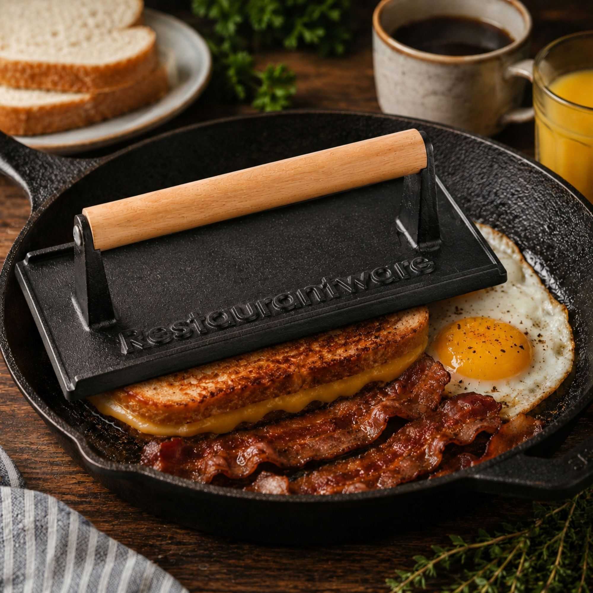 Met Lux Black Cast Iron Steak Weight - with Wooden Handle - 8" x 4" x 3" - 1 count box