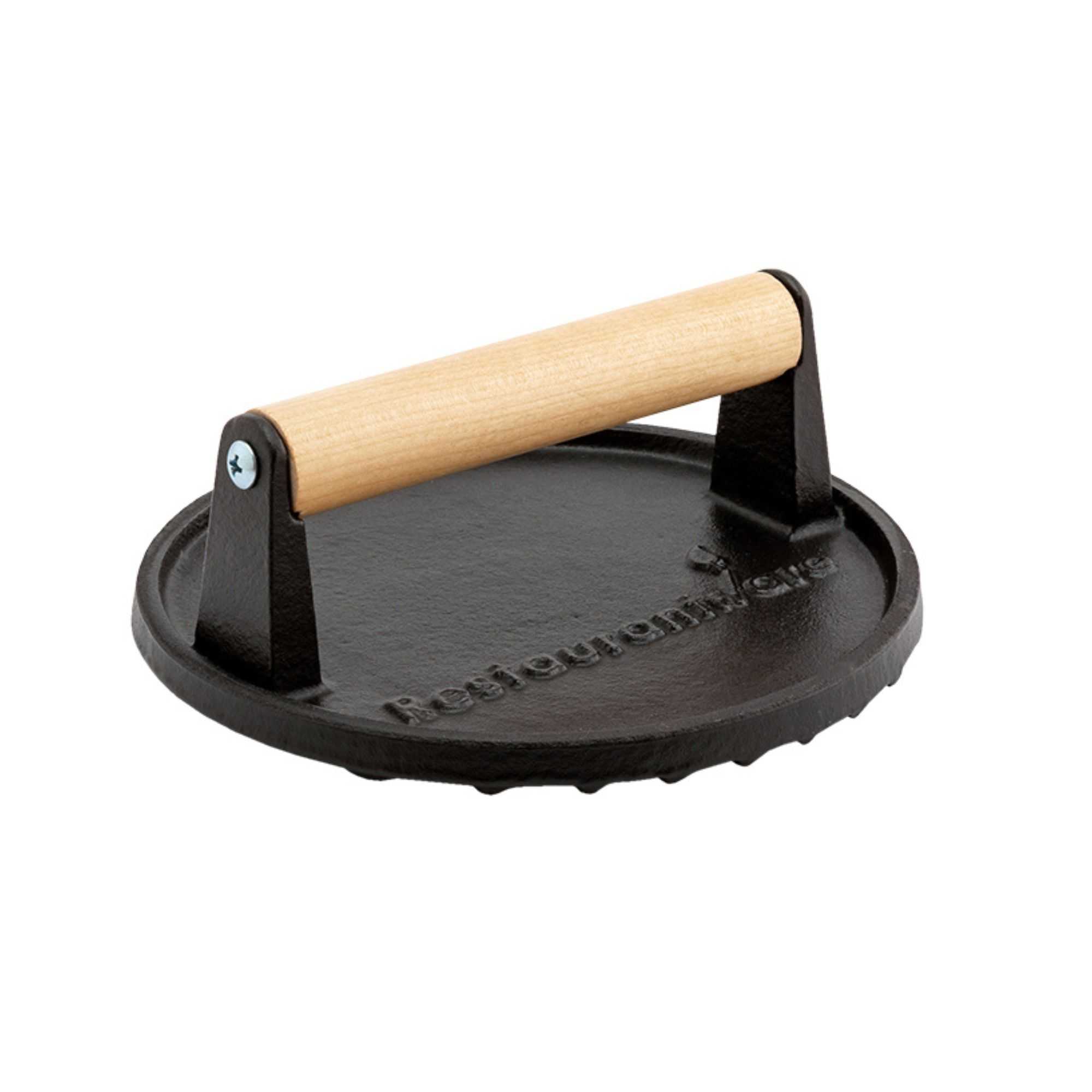 Met Lux Black Cast Iron Grill Press - with Wooden Handle - 7" x 7" - 1 count box