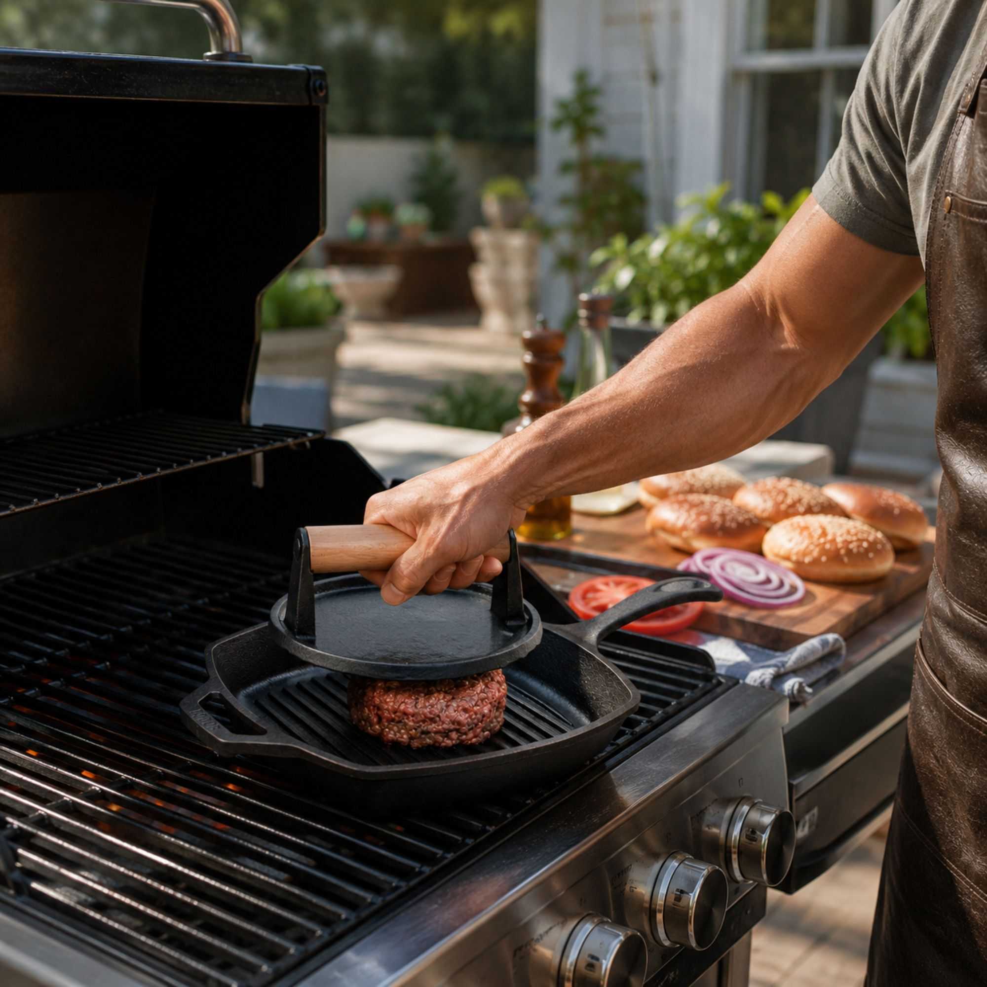 Met Lux Black Cast Iron Grill Press - with Wooden Handle - 7" x 7" - 1 count box