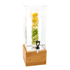 Bev Tek 2 gal Square Clear Acrylic Beverage Dispenser - Infusion Core, Bamboo Base - 9 3/4